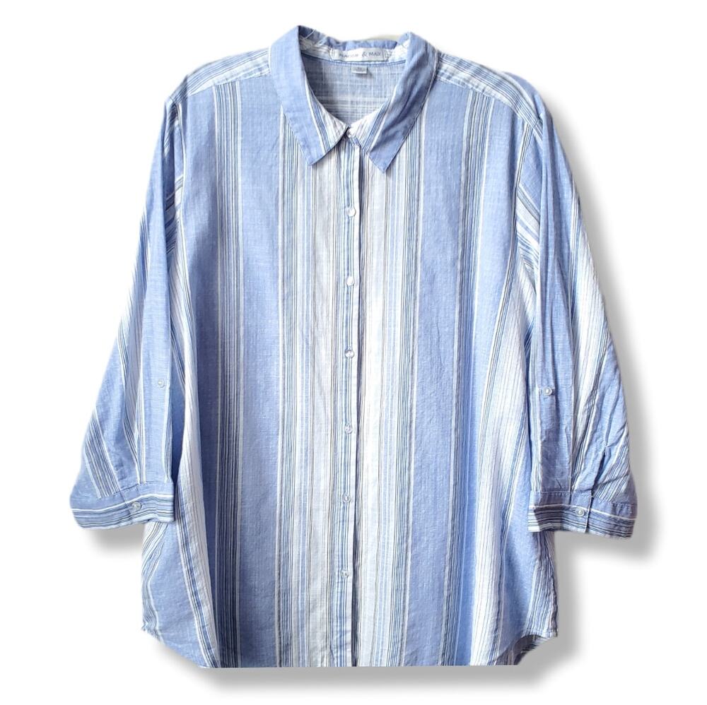 Maggie & Max Chambray Stripe Shirt Top 2X Cotton Breezy Casual Classic Coastal